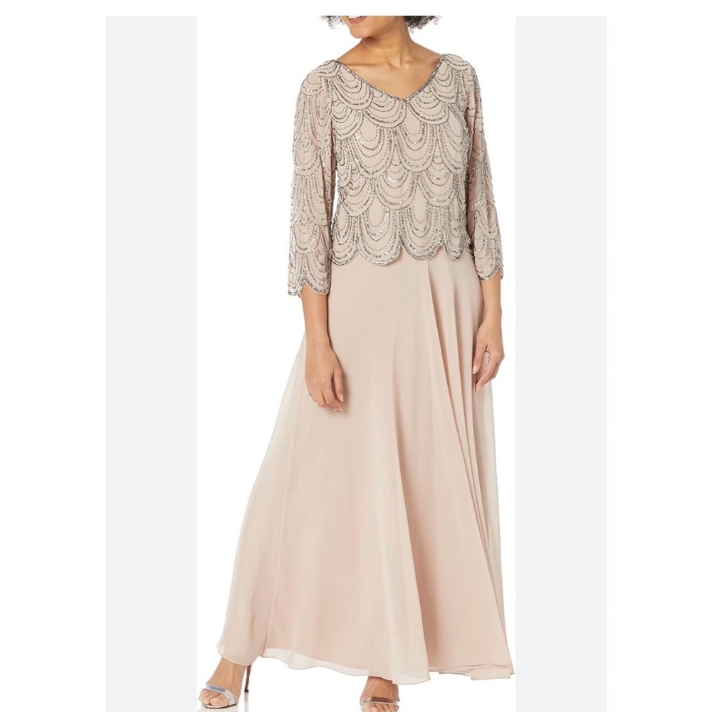 J Kara Women's V Neck Sleeve Scallop Beaded Top Long Dress Pink Blush size 8 P